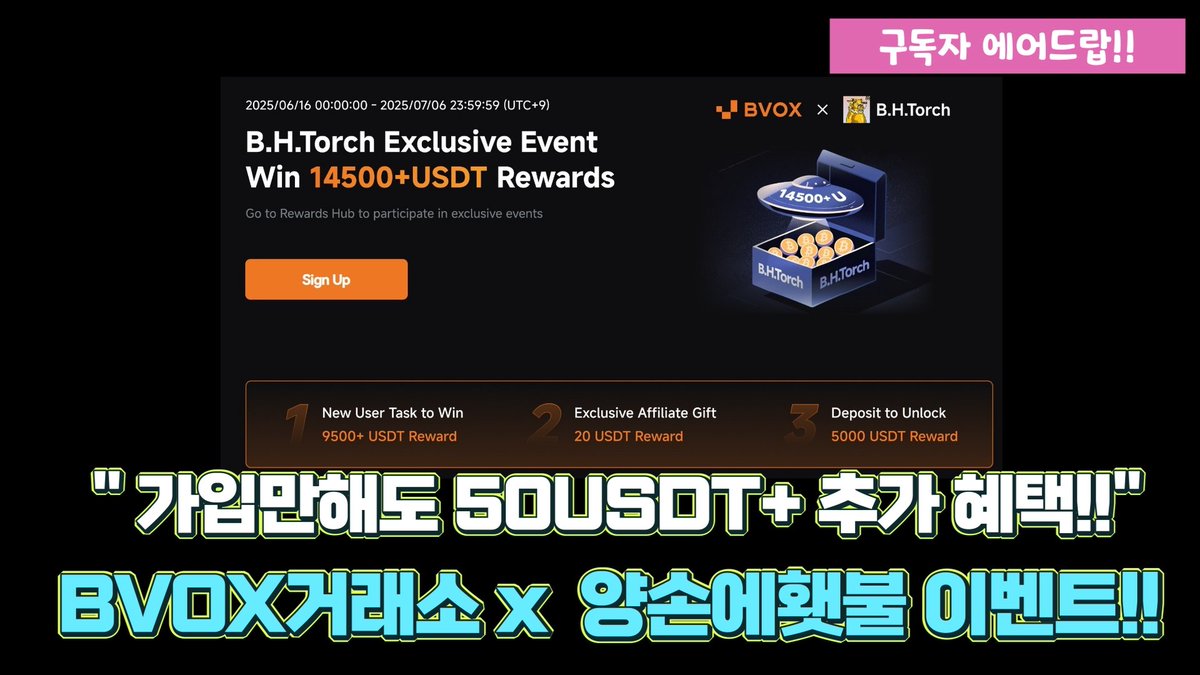sleeppollarbear's tweet image. 🔥신규 혜택 + 거래 미션으로 최대 9,500+ USDT 체험금 받자!
🎁가입만 해도 보상 주는 역대급 이벤트 안내📢
0. 가입링크
bvox.com/promote/BHTorc…

0. 이벤트영상
youtu.be/Q8GnFGi1DJg

🎉 1. 신규회원 혜택

가입 시 즉시 9,500+ USDT 보상

고급 KYC 완료 시:
🎁 10~500 USDT 바우처 랜덤박스…