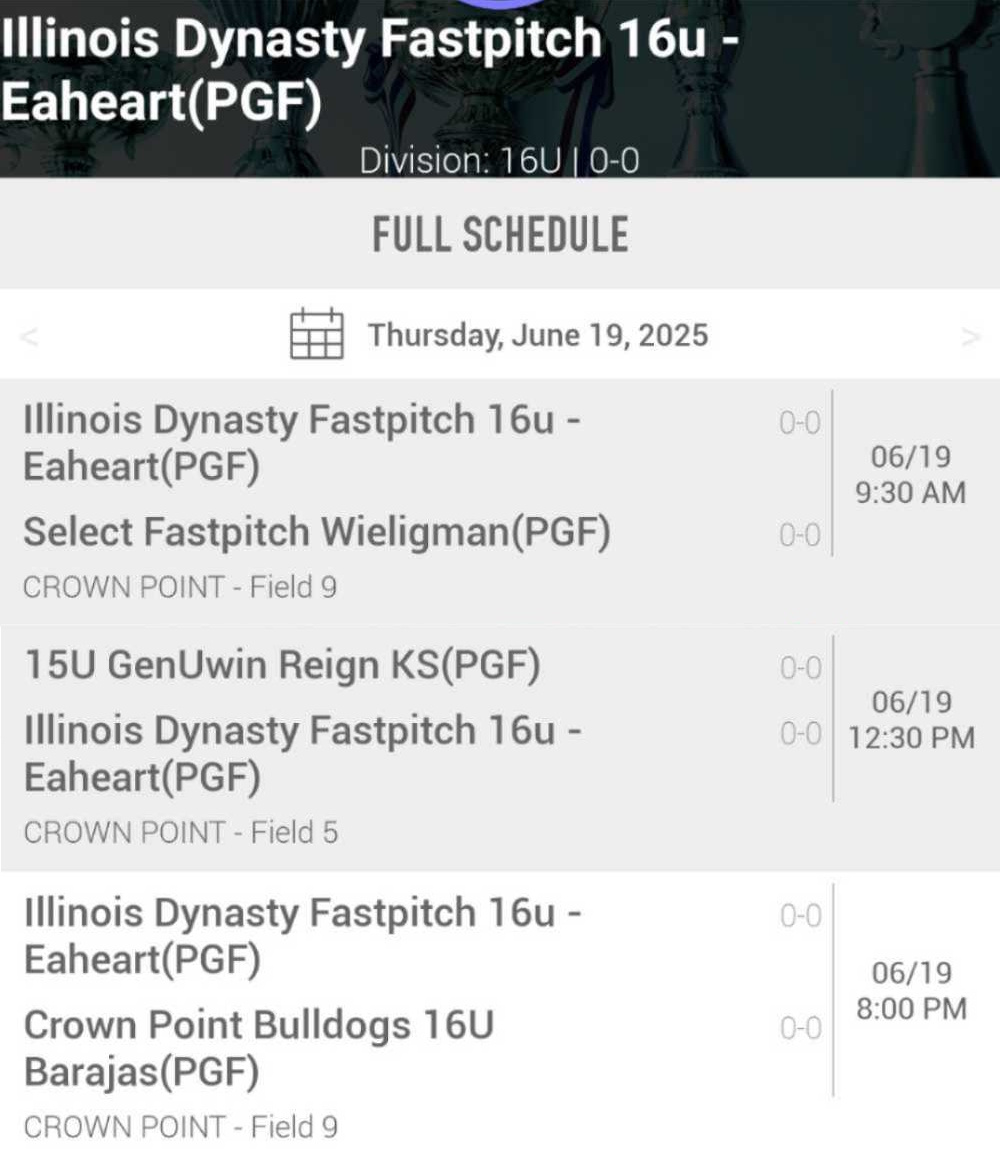 Emma Best 2026 (Uncommitted) (@ebest08_26) on Twitter photo Come catch Dynasty 16u in Crown Point, IN this weekend!! Here’s our schedule for Thursday!
<a href="/LorasSoftball/">Loras College SB</a> <a href="/CoachNateWeber/">Coach Nate - Baseball & Fastpitch</a> <a href="/cowgirlsoftball/">HSU Cowgirl Softball</a> <a href="/MUSaintsSB/">Maryville Softball</a> <a href="/ChaninLuz/">Chanin Luz Billings</a> <a href="/CoachKBSwan/">Kayleigh Behymer-Swan</a> <a href="/SAUBeesSoftball/">St. Ambrose University Fighting Bees Softball</a> <a href="/Piosoftball/">Carroll University Softball</a> @CoachAllenSUSB <a href="/SUHornetsSB/">Shenandoah University Softball</a> <a href="/DloweOilerkid/">Danielle Lowe</a> <a href="/UFOilerSoftball/">Findlay Softball</a> Come catch Dynasty 16u in Crown Point, IN this weekend!! Here’s our schedule for Thursday!
<a href="/LorasSoftball/">Loras College SB</a> <a href="/CoachNateWeber/">Coach Nate - Baseball & Fastpitch</a> <a href="/cowgirlsoftball/">HSU Cowgirl Softball</a> <a href="/MUSaintsSB/">Maryville Softball</a> <a href="/ChaninLuz/">Chanin Luz Billings</a> <a href="/CoachKBSwan/">Kayleigh Behymer-Swan</a> <a href="/SAUBeesSoftball/">St. Ambrose University Fighting Bees Softball</a> <a href="/Piosoftball/">Carroll University Softball</a> @CoachAllenSUSB <a href="/SUHornetsSB/">Shenandoah University Softball</a> <a href="/DloweOilerkid/">Danielle Lowe</a> <a href="/UFOilerSoftball/">Findlay Softball</a>