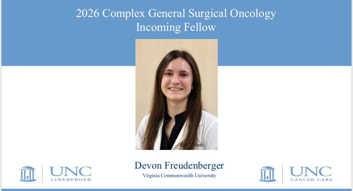 Excited to announce Devon Freudenberger as the 2026 UNC CGSO Fellow!  We couldn’t be happier.  Congratulations and look forward to working together!! <a href="/UNCSurgery/">UNC Surgery</a> <a href="/UNC_Lineberger/">UNC Lineberger</a> <a href="/SocSurgOnc/">Society of Surgical Oncology</a> <a href="/FreudenbergerMD/">Devon Freudenberger, MD</a> <a href="/VCU_Surgery/">VCU Surgery</a> <a href="/VCUGenSurgRes/">VCU General Surgery Residency</a> <a href="/JoseTrevinoMD/">Jose G. Trevino MD</a>