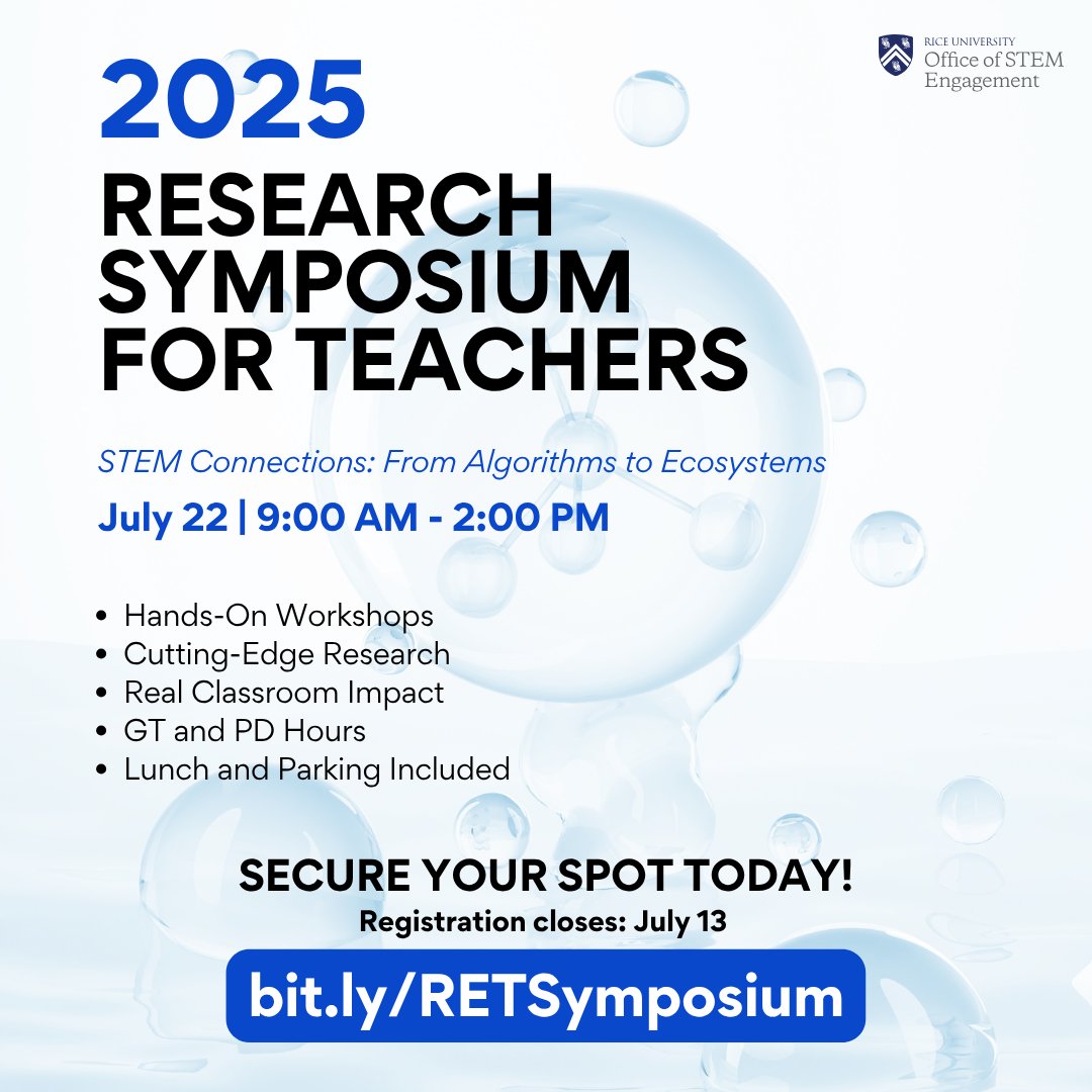 R-STEM (@riceu_stem) on Twitter photo Join us at <a href="/RiceUniversity/">Rice University</a> for the 2025 Research Symposium for Teachers—a day of hands-on workshops, guest speakers, and cutting-edge research connections for your classroom.
🎟️$30 Registration
Learn more & register: bit.ly/RETSymposium
<a href="/NSF/">U.S. National Science Foundation</a> and <a href="/NEWTCenter/">NEWT Engineering Research Center</a>
#RSTEM Join us at <a href="/RiceUniversity/">Rice University</a> for the 2025 Research Symposium for Teachers—a day of hands-on workshops, guest speakers, and cutting-edge research connections for your classroom.
🎟️$30 Registration
Learn more & register: bit.ly/RETSymposium
<a href="/NSF/">U.S. National Science Foundation</a> and <a href="/NEWTCenter/">NEWT Engineering Research Center</a>
#RSTEM