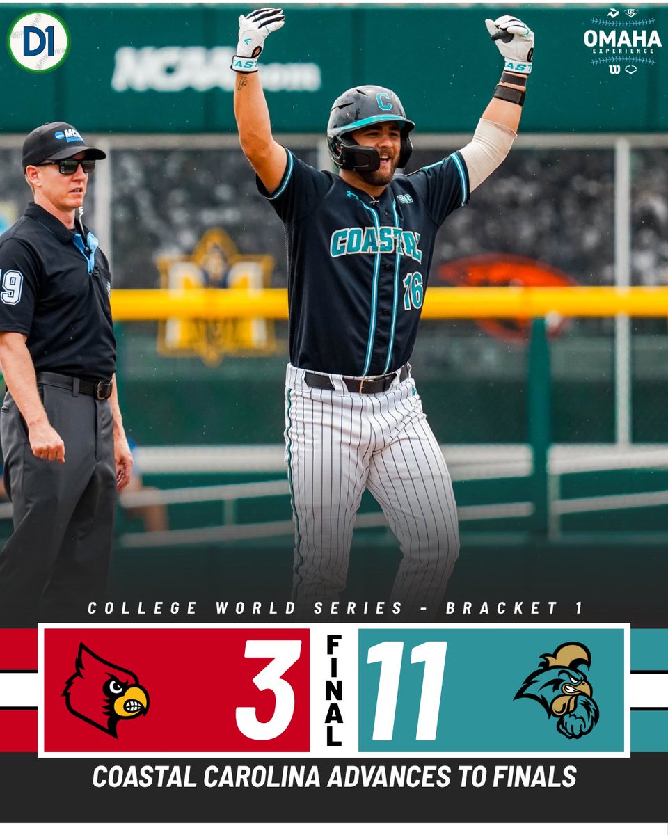 D1Baseball (@d1baseball) on Twitter photo FINAL FROM OMAHA
<a href="/CoastalBaseball/">Coastal Carolina Baseball</a> 11
Louisville 3
Presented by <a href="/wilsonballglove/">Wilson Baseball & Softball</a> FINAL FROM OMAHA
<a href="/CoastalBaseball/">Coastal Carolina Baseball</a> 11
Louisville 3
Presented by <a href="/wilsonballglove/">Wilson Baseball & Softball</a>