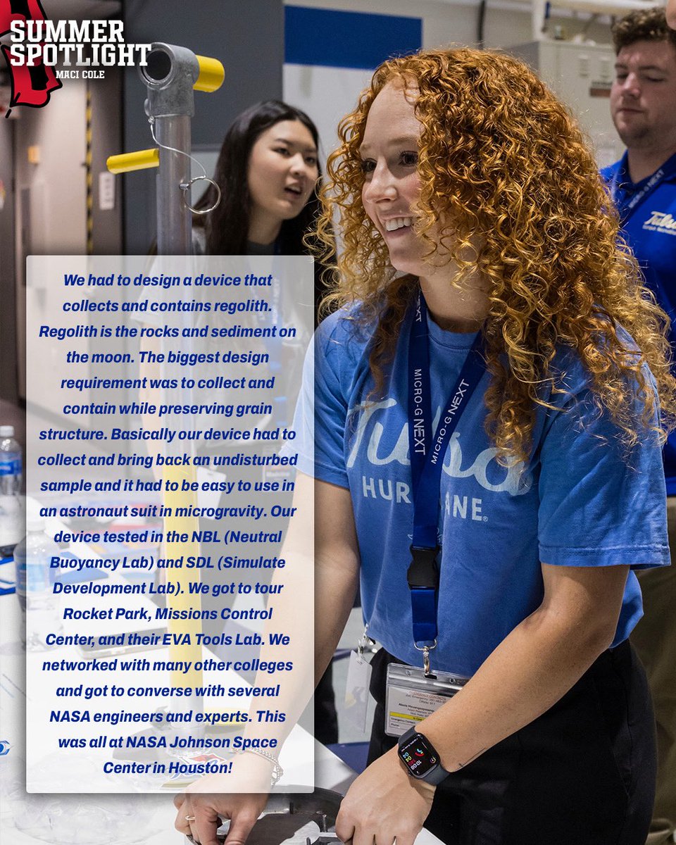 TulsaSoftball's tweet image. Starting off our summer spotlight with #1 senior, Maci Cole!🌀
Earlier this summer, Maci was a part of the NASA senior design challenge at the Johnson Space Center in Houston! She is also working as a manufacturing intern with InServ (Integrated Service Company).
#ReignCane