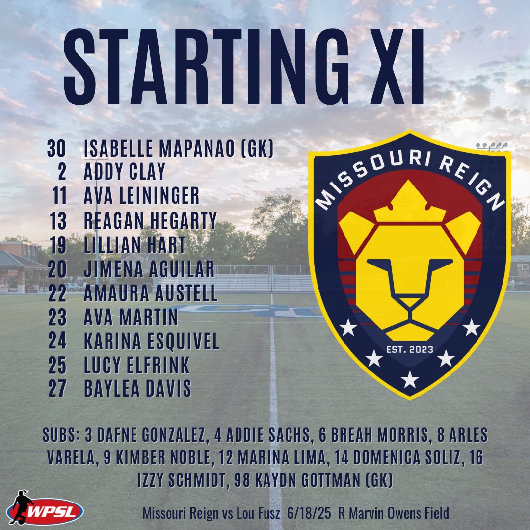 MissouriReign's tweet photo. Starting XI for tonight’s exhibition match against Lou Fusz! 

Kickoff in 15 minutes! 

#makeitreign https://t.co/ASZqeh3mUo
