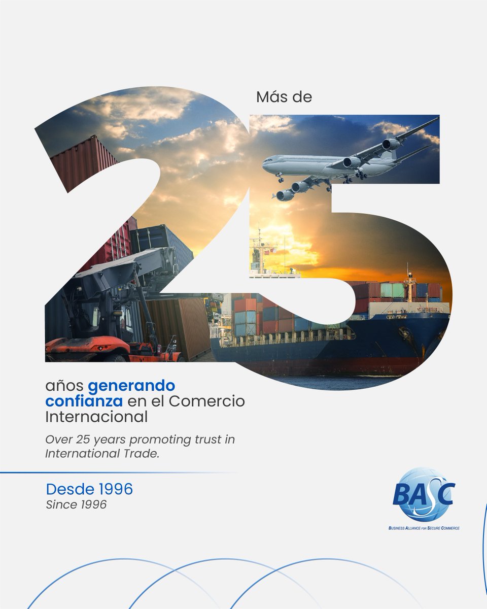 WorldBASCOrg's tweet photo. Desde 1996, BASC impulsa iniciativas y mecanismos internacionales para promover un comercio seguro, ético y confiable.
Since 1996, BASC has driven international initiatives and mechanisms to promote secure, ethical, and reliable trade.
#BASC #ComercioSeguro #SecureTrade🌐🔐 https://t.co/DwHIY0DoIv