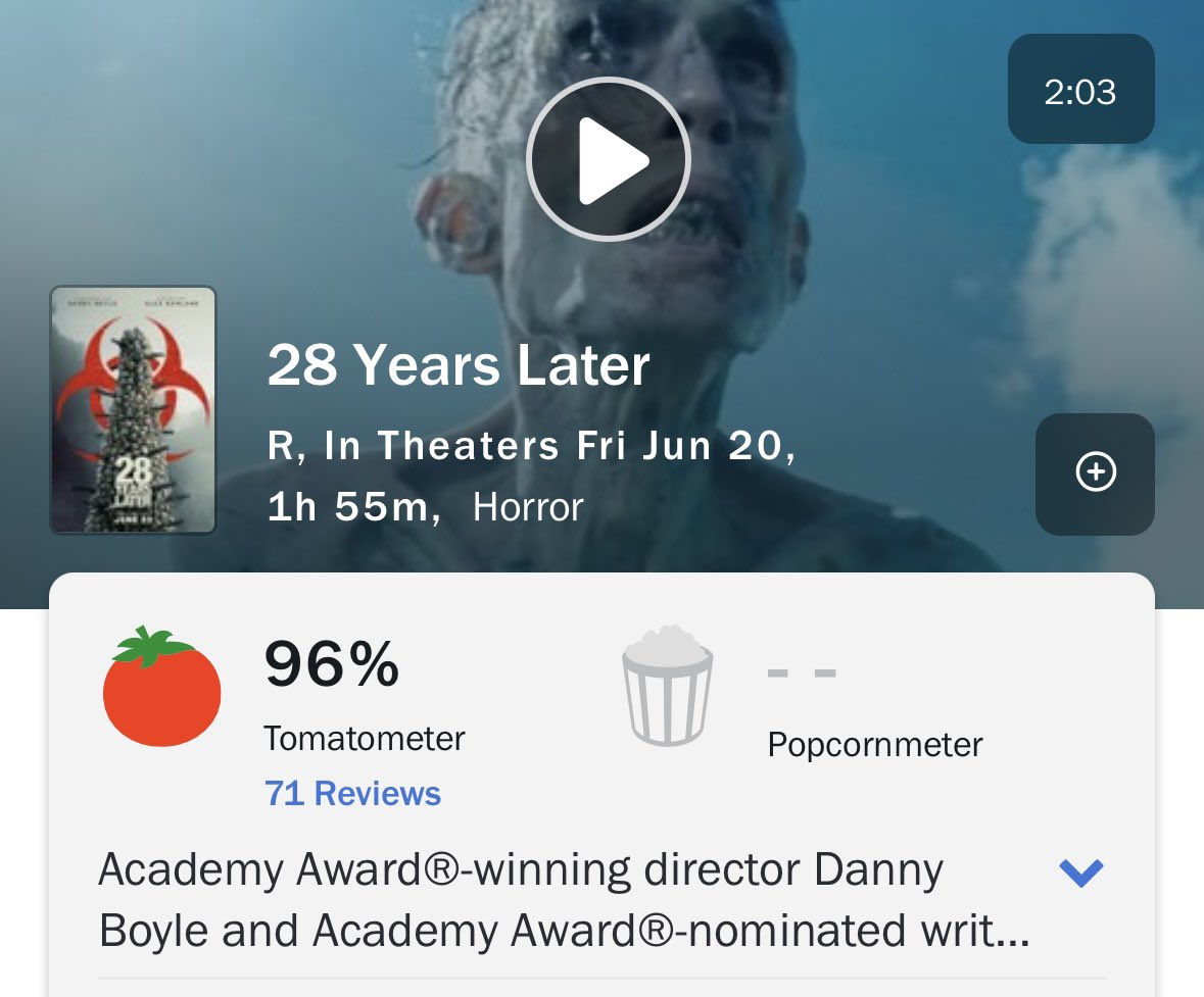 Davey Jon (@daveyjonporter) on Twitter photo #28YearsLater debuts with a 96% criticâs score.
Cool!
Opens Friday
#AMC
<a href="/AMCTheatres/">AMC Theatres</a> #28YearsLater debuts with a 96% criticâs score.
Cool!
Opens Friday
#AMC
<a href="/AMCTheatres/">AMC Theatres</a>