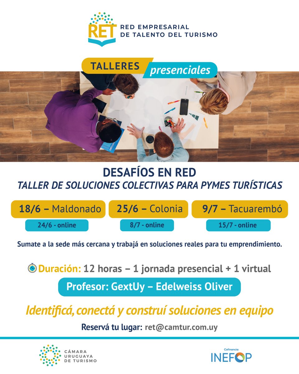 🚀 ¡Llegan los talleres de #RET a Maldonado, Colonia y Tacuarembó!

Una propuesta de CAMTUR e <a href="/INEFOPoficial/">INEFOP</a> para que el turismo crezca con soluciones reales, ideas aplicables y redes locales.

📩 Inscripciones: forms.gle/RYXpMfHwENt3Hp…
ret@camtur.com.uy

#RET #Turismo