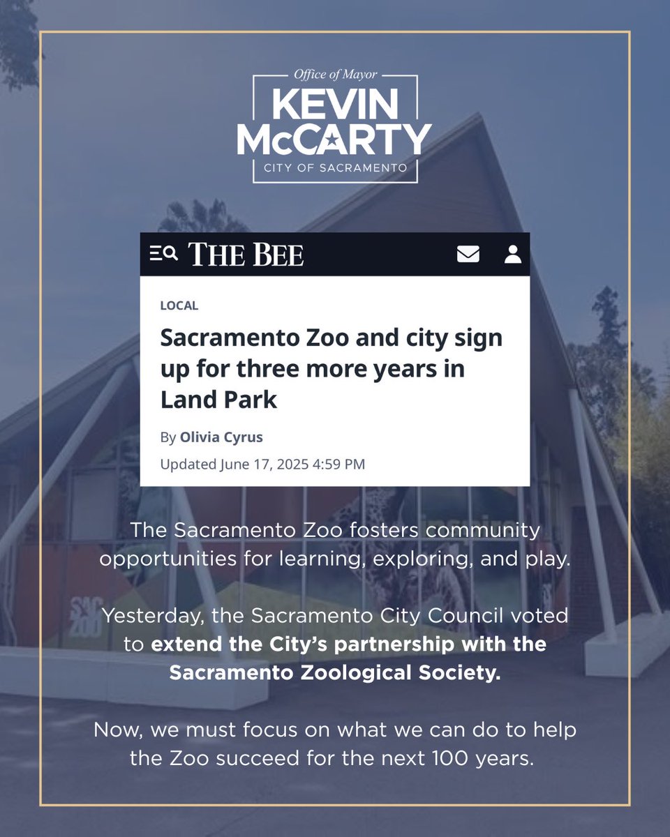 MayorMcCarty's tweet image. The @SacramentoZoo fosters community opportunities for learning, exploring & play.
Yesterday, City Council voted to extend the City’s partnership with the Sacramento Zoological Society.
Now, we must focus on what we can do to help the Zoo succeed for the next 100 years.