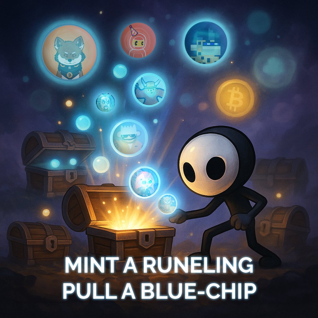 You mint a Runeling...
You hit a Blue-Chip Ordinal.
That’s not luck. That’s destiny.

1 in 10 wins.
<a href="/RunelingsBTC/">Runelings</a> 
#Ordinals #Runelings #BTC