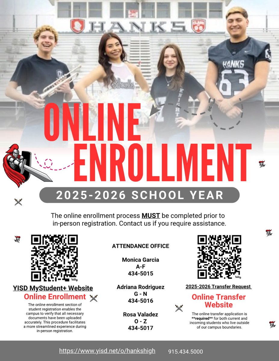 Knights,

This is a reminder that the online enrollment portion of your 2025-2026 registration must be completed on  yisd.net/page/mystudent

If you require any assistance, please reach out ⬇️