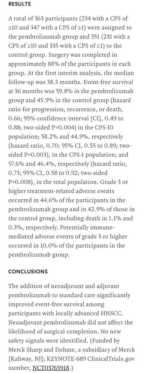 🚨Neo and adjuvant pembrolizumab for patients with resectable head and neck squamous cell carcinoma (KEYNOTE689) is now published in <a href="/NEJM/">NEJM</a>

💥Great step forward in the field
Awaiting OS in next interim analyses

Will NIVOPOSTOP be approved by FDA as well? <a href="/US_FDA/">U.S. FDA</a> 

What would be