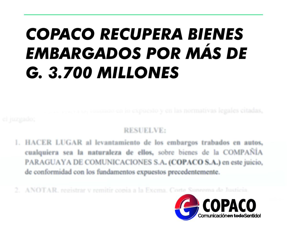 Justicia ordena levantar embargos por más de G. 3.700 millones a favor de COPACO S.A.

El fallo reconoce su carácter de empresa pública y refuerza la seguridad jurídica sobre sus bienes.

📄 Leé más 👉 goo.su/ea6G9rU