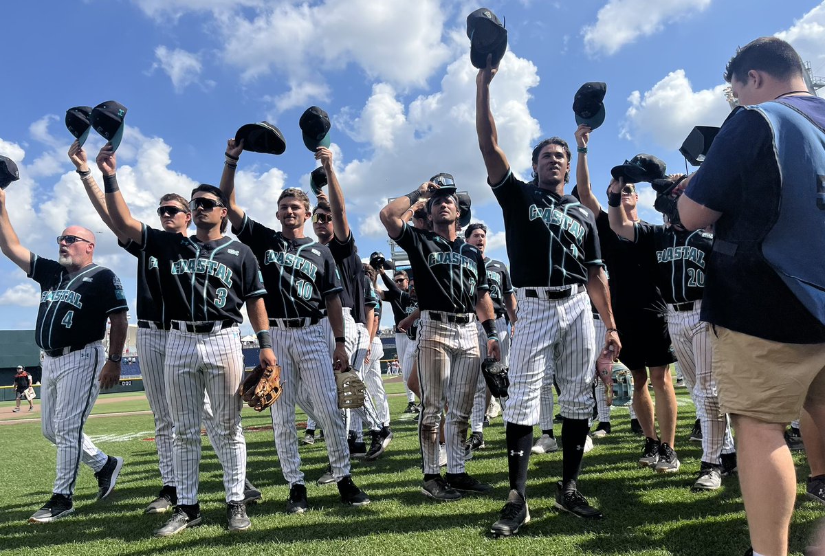 Eric Sorenson (@stitch_head) on Twitter photo Chants headed to the Champs
<a href="/CoastalBaseball/">Coastal Carolina Baseball</a> breezes past Louisville 11-3 to advance to the college World Series finals. Got another picture of them doffing their hats to their fans here.
<a href="/midmajors_d1/">Mid-Majors on D1Baseball</a> Chants headed to the Champs
<a href="/CoastalBaseball/">Coastal Carolina Baseball</a> breezes past Louisville 11-3 to advance to the college World Series finals. Got another picture of them doffing their hats to their fans here.
<a href="/midmajors_d1/">Mid-Majors on D1Baseball</a>