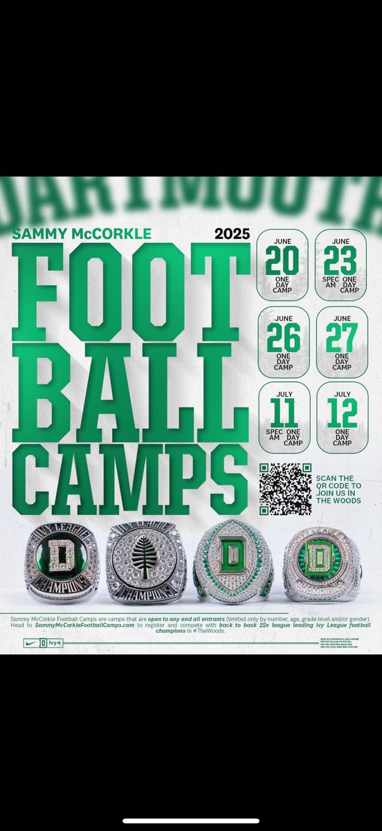 🚨 Class of 2026 and 2027 🚨

Here’s your opportunity to be PERSONALLY COACHED AND EVALUATED by a Championship Football Staff who has won 4 of the last 5 Ivy League Championships. 

Don’t miss your chance to earn an offer to WIN in #TheWoods 🇳🇫🇳🇫🇳🇫

⬇️⬇️⬇️