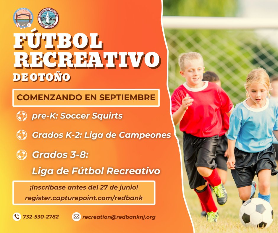 ⚽Registration for Fall Rec Soccer is closing soon!
Season kicks off this September
Open to kids in Pre-K through 8th Grade
Register now at: register.capturepoint.com/redbank