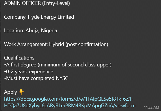 Admin Officer (Entry-Level) needed
Abuja, Nigeria
2:1 degree, 0-2 yrs exp, NYSC completed
Apply: docs.google.com/forms/d/e/1FAI…
#AdminJobs #AbujaJobs #Hiring