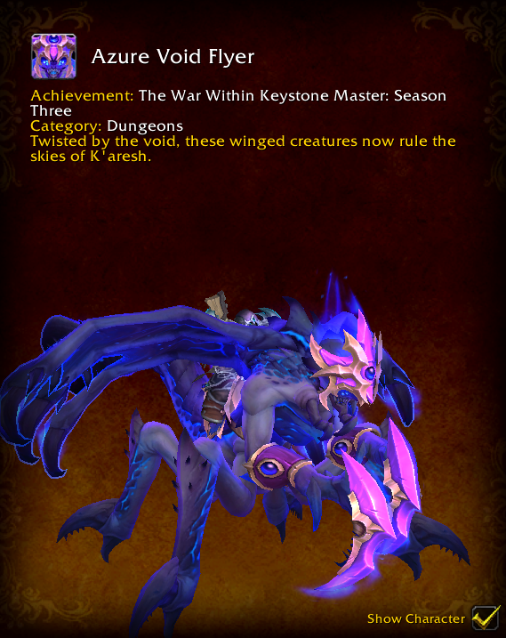 MrGMYT's tweet photo. Here are the Mythic+ Mounts for Season 3 of the War Within

• Keystone Master: Azure Void Flyer
• Keystone Legend: Scarlet Void Flyer https://t.co/HOWd6DjiwV