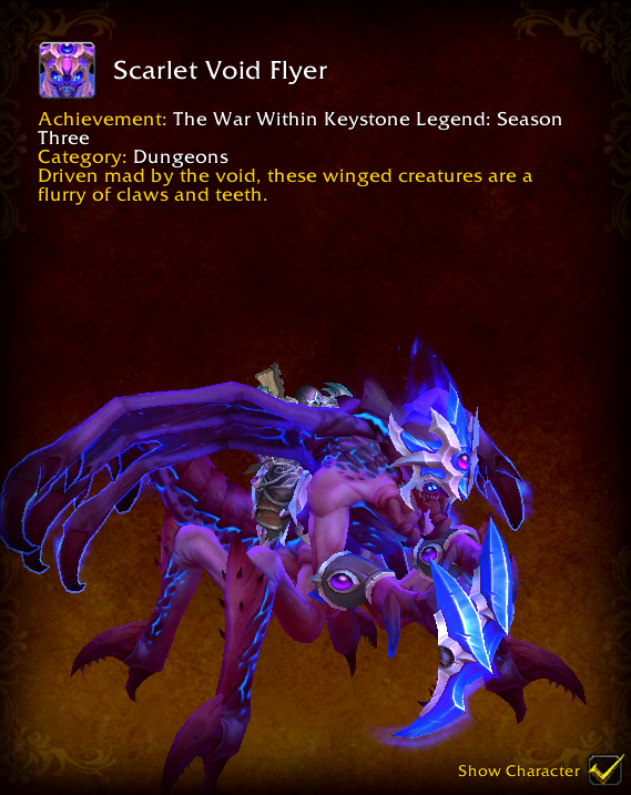 MrGMYT's tweet photo. Here are the Mythic+ Mounts for Season 3 of the War Within

• Keystone Master: Azure Void Flyer
• Keystone Legend: Scarlet Void Flyer https://t.co/HOWd6DjiwV