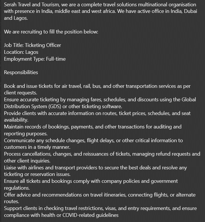 Ticketing Officer needed
Lagos, Nigeria
2-4 yrs exp, GDS proficiency, customer service
₦150,000-₦200,000/month
Apply: gladejezie@gmail.com
#TravelJobs #LagosJobs #Hiring