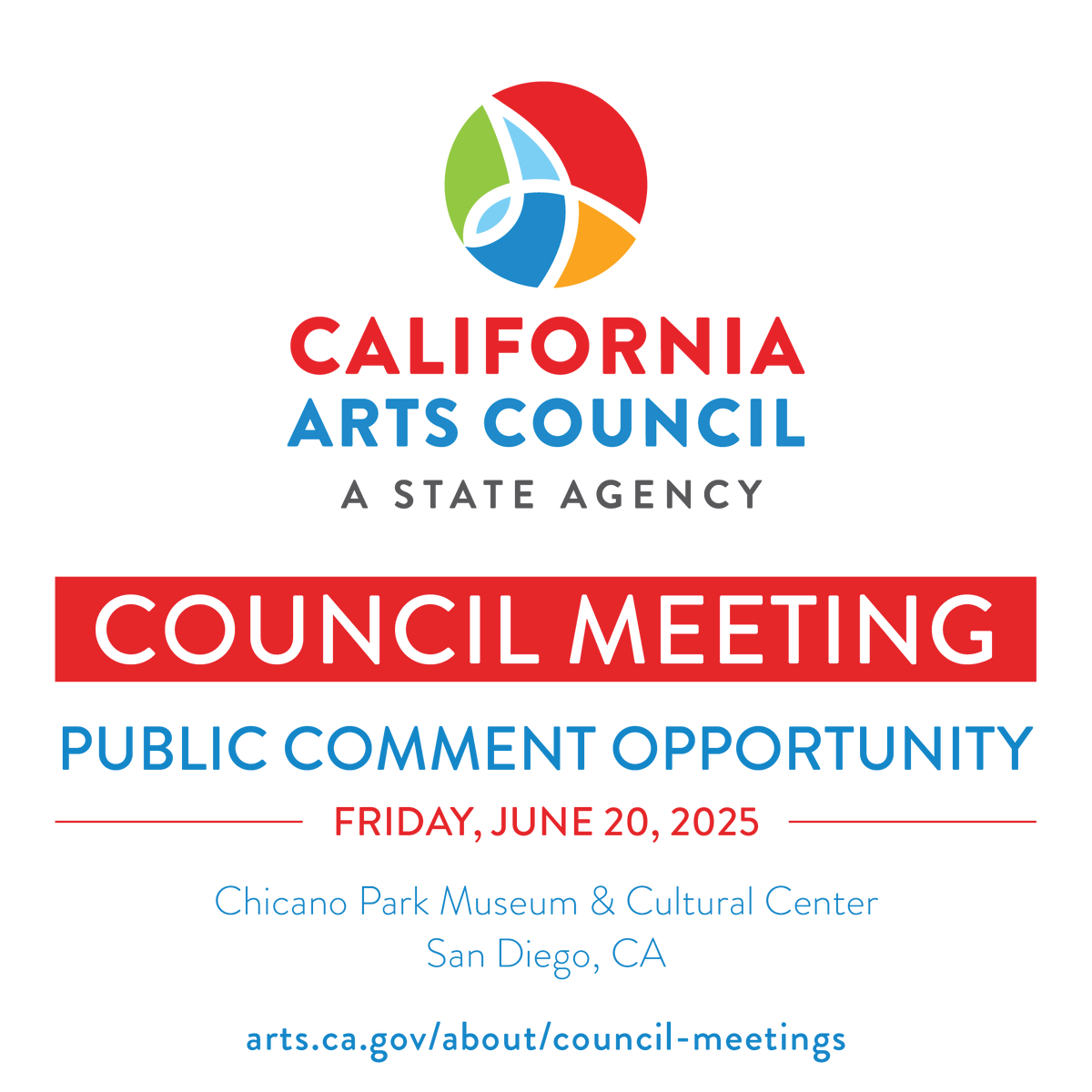 Join us this Friday at 10AM in San Diego - or online! - for our next Council meeting. On the agenda: FY 2025-26 allocations, CAC's 50th anniversary plans &amp; more. Offer your input during the meeting or submit in writing. More details at: arts.ca.gov/about/council-… #ArtsCA