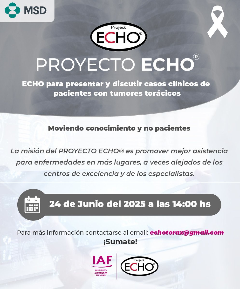 Cada vez es más compleja la atención de los pacientes con cáncer de pulmón. 

Los esperamos para comenzar con los
🫁 ECHO Torax

📍Modalidad virtual 

🗓 24/06 

🕜 14 a 15 hs 

#comitedetorax #enfoquemultidisciplinario #cancerdepulmon #IAF
#projectECHO