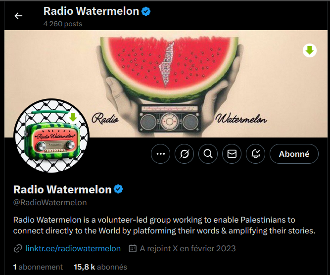Camarade H. 🍉 (@1312_haqs_ailes) on Twitter photo IMPORTANT 🍉 : Les bénévoles de <a href="/RadioWatermelon/">Radio Watermelon</a> vérifient et partagent des cagnottes palestiniennes. pour vous
+ font des spaces twitter réguliers ou les pals viennent se présenter et partager leurs histoires.
Suivez-les, abonnez-vous et RT les systématiquement.
--- 1/3 ⬇️ IMPORTANT 🍉 : Les bénévoles de <a href="/RadioWatermelon/">Radio Watermelon</a> vérifient et partagent des cagnottes palestiniennes. pour vous
+ font des spaces twitter réguliers ou les pals viennent se présenter et partager leurs histoires.
Suivez-les, abonnez-vous et RT les systématiquement.
--- 1/3 ⬇️