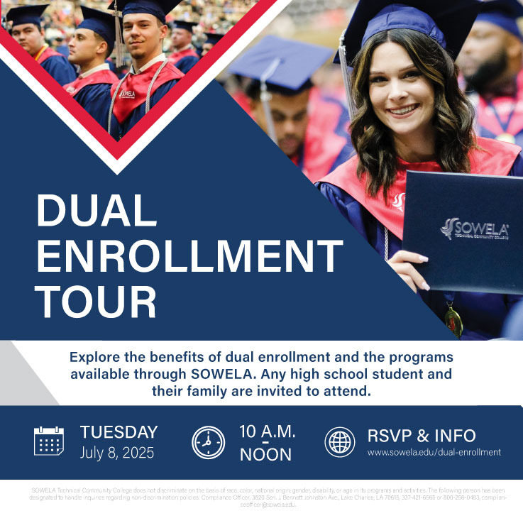 🎓 High Schoolers: College is Closer Than You Think!
Tour SOWELA, learn how to earn college credit in high school and explore programs that set you up for success. Register: sowela.edu/sowela-to-host…

#CollegeBound #SOWELApride #DualEnrollmentTour
