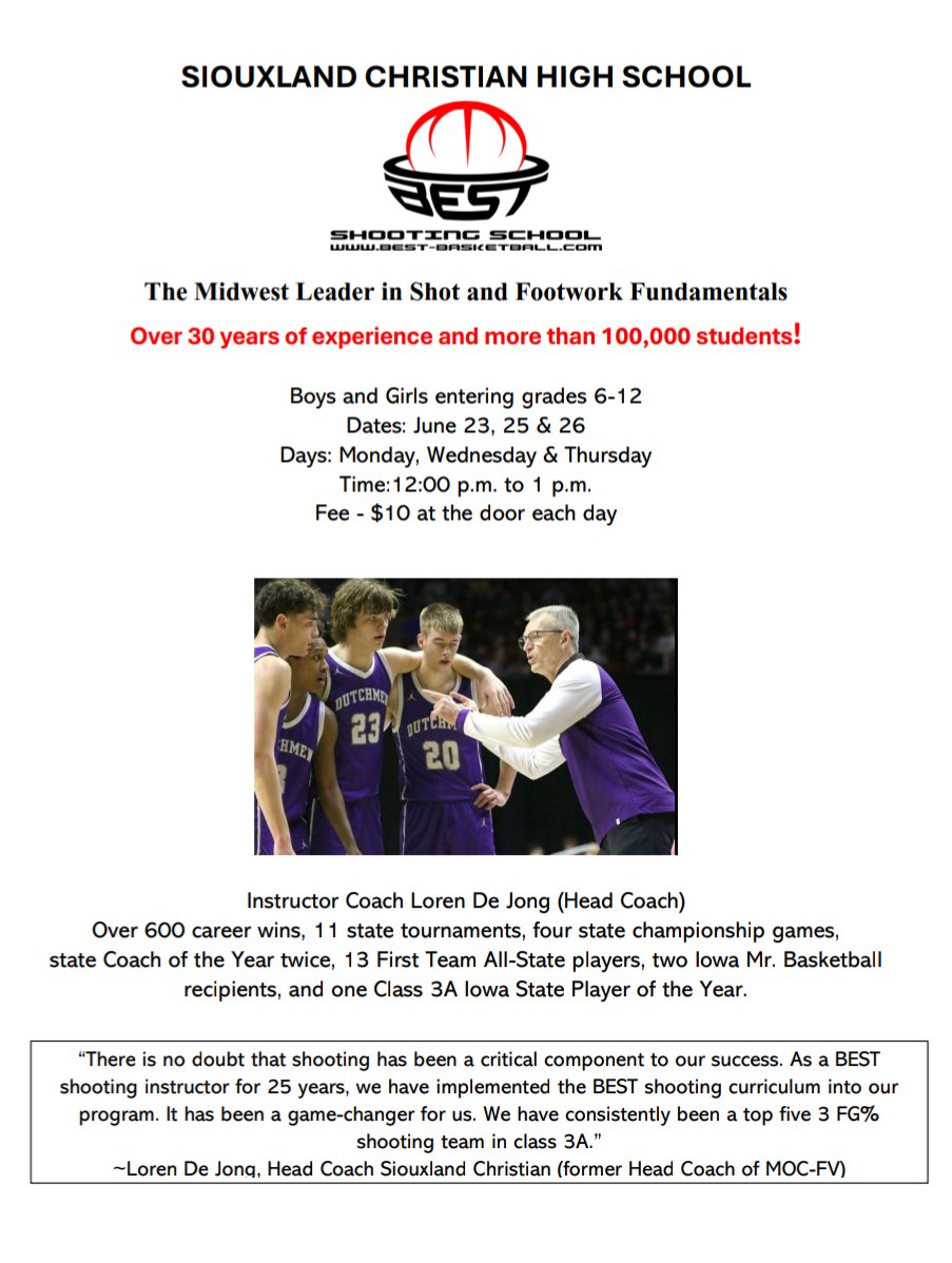 Still time to make shooting the priority this summer! A great opportunity to work with one of the best in the BEST shooting developmental program. 
Reserve these dates! 
You don't have to be from Siouxland Christian to attend.