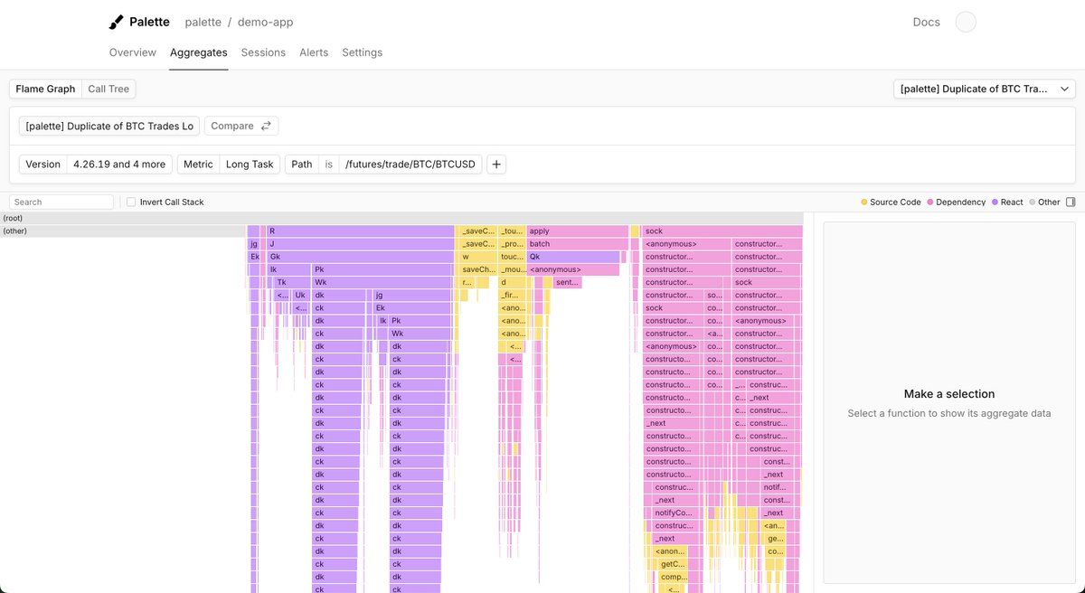 what a glow up after 1yr

left is our end user JS profiling mvp called "hot functions", sorting functions by total time. right is today -- complete flamegraph supporting zoom/pan/filter