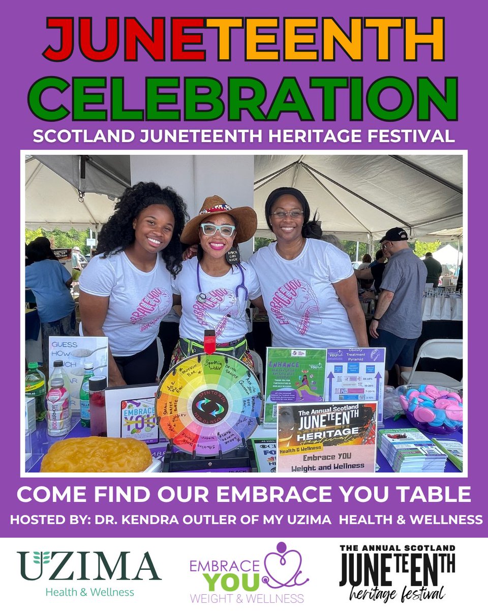 Join us tomorrow for the Scotland Juneteenth Heritage Festival! 🖤💚❤️ Stop by the Embrace You table hosted by Dr. Kendra Outler of My Uzima for a converesation on dental health in our community. 
📍 9AM–1PM | Cabin John Village Mall (outdoor area) 
🔗 bit.ly/4kQEdIm