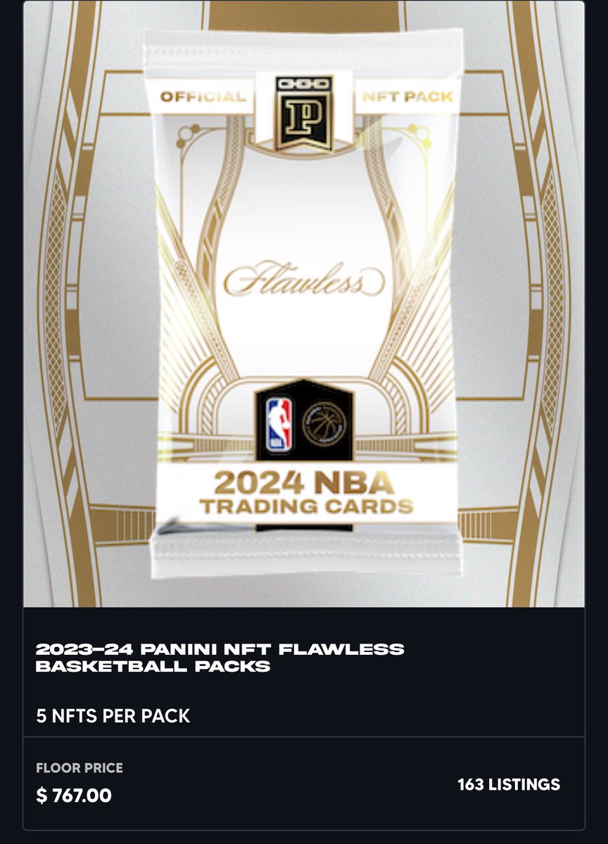 $767 floor price on NBA Flawless packs 📈📈📈

Packs dropped this past Monday for $250 retail price, easy 3x ROI if you were able to purchase packs.

Can someone tell me again why folks are sleeping on Panini Blockchain 👀
