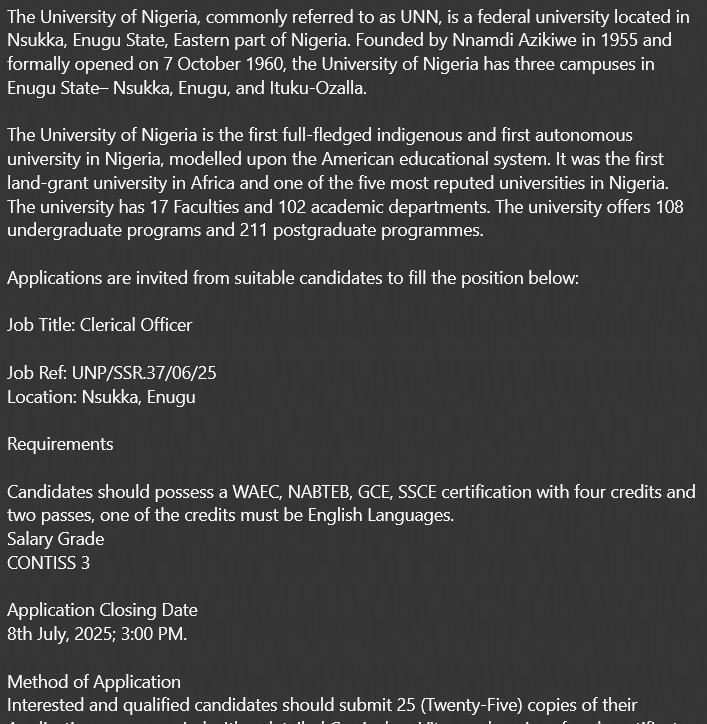 Clerical Officer needed
Nsukka, Enugu
WAEC/NABTEB with 4 credits incl. English
CONTISS 3
Apply: personnel.unn@unn.edu.ng by July 8, 2025
#UNNJobs #ClericalJobs #Hiring