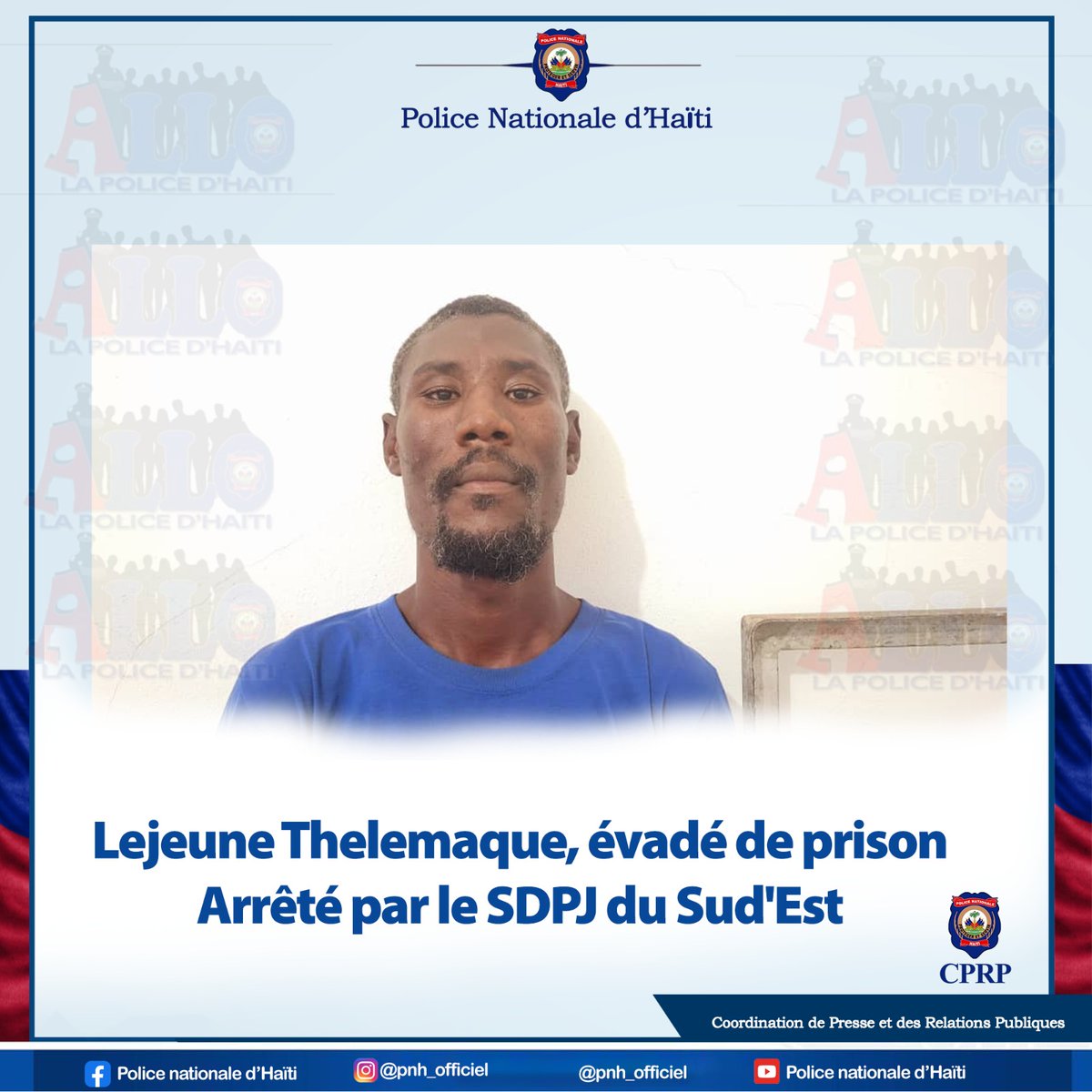 Lejeune Thelemaque, né le 19 août 1986, a été arrêté par le Service Départemental de la Police Judiciaire du Sud-Est, ce mercredi 18 juin 2025, dans la section communale Pérédo, commune de Marigot. Il a été évadé de la prison civile de la Croix-des- Bouquets, le 3 mars 2024.