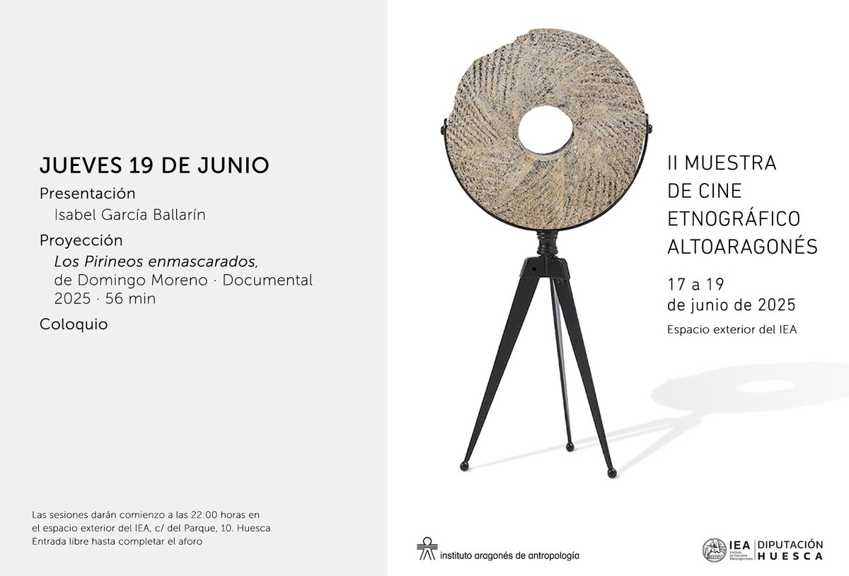 II Muestra de Cine Etnográfico Altoaragonés. ¡Clausuramos el jueves 19! ¡No te pierdas la proyección de 'Los Pirineos enmascarados'!
A las 22:00 horas, con entrada libre hasta completar el aforo.
👉 iea.es/-/ii-muestra-d…