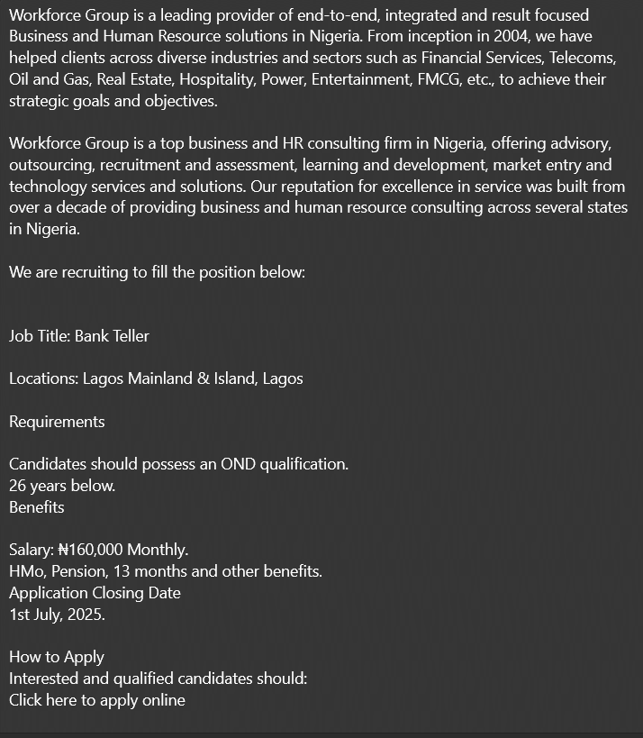 Bank Teller needed
Lagos Mainland &amp; Island
OND, 26 yrs &amp; below
₦160,000/month + HMO, pension
Apply: docs.google.com/forms/d/e/1FAI… by July 1, 2025
#BankJobs #LagosJobs #Hiring