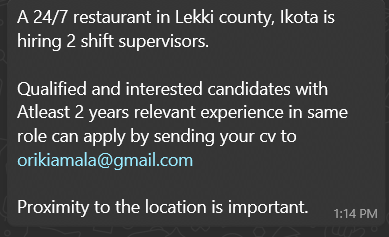 Shift Supervisors (2) needed
Lekki County, Ikota
2+ yrs exp, proximity required
Apply: orikiamala@gmail.com
#RestaurantJobs #LekkiJobs #Hiring