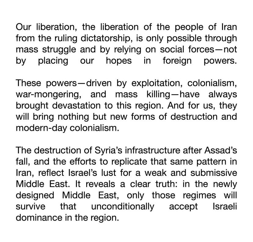 For journalists looking for Iranian perspectives: here they are, smuggled through Iran’s Evin Prison, unequivocally denouncing Israeli/US aggression &amp; foreign “regime change.” These women have been jailed for their work against the ruling class in Iran — one has a death sentence.