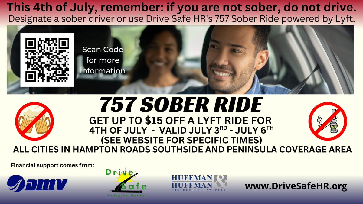 Making plans for Independence Day? Remember: if you drink, don’t drive! 🚗💨 Drive Safe Hampton Roads 757 Sober Ride will be available for impaired drivers from July 3rd to July 6th. Check our website for specific times &amp; keep our roads safe! #757Sober_Ride #DriveSober