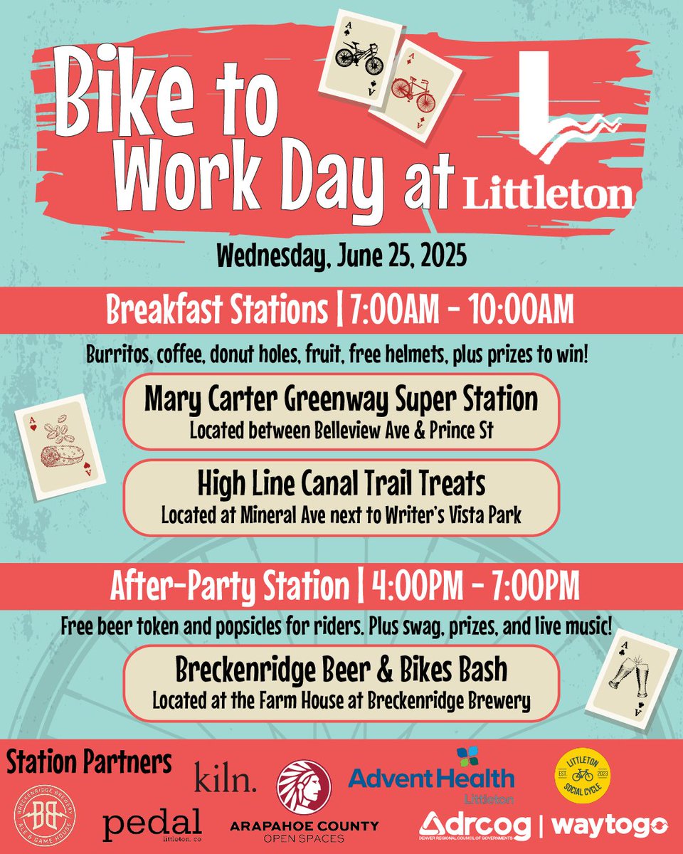 🚴 Bike to Work Day is Wednesday, June 25, and it’s better than ever in Littleton!

Pledge to ride and be entered into a raffle, hosted by the Denver Regional Council of Governments, for a chance to win a trip to Estes Park! Pledge to ride here: ow.ly/1VYq50WaRNk