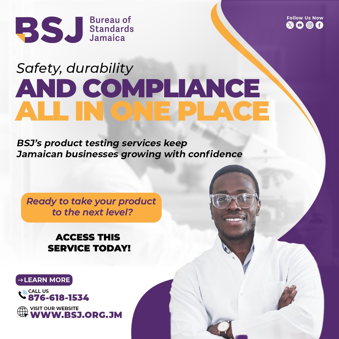 🧪 Safety, durability, AND compliance all in one place!

Let the BSJ help take your product to the next level with our product testing services that keep Jamaican businesses growing strong and staying compliant.

📞 Call us at 876-618-1534 today!

#BSJ #ProductTesting