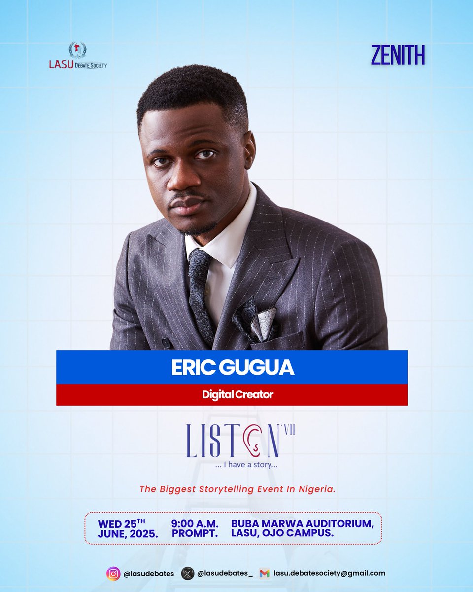 Lasudebates's tweet image. My friend, don’t mention. We don’t do that here.🌚

Eric Gugua is a filmmaker, author, blockchain expert who blends tech, culture &amp;amp; storytelling to spark change. 

Catch him LIVE on the LISTEN stage, June 25, 2025! 🌍