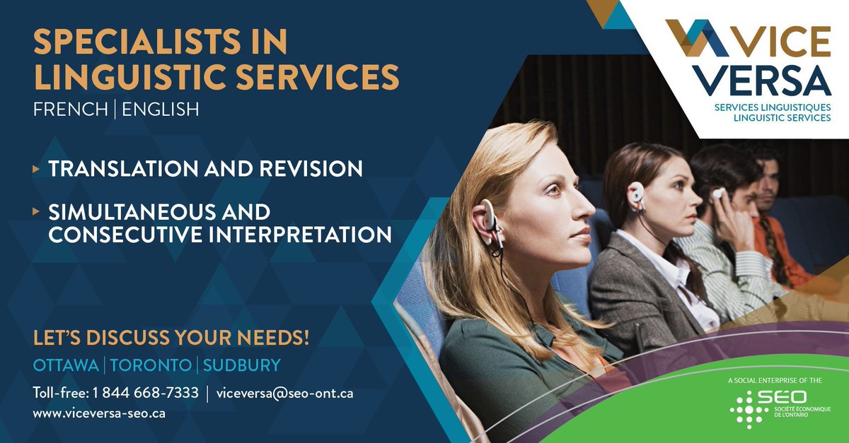 🌎 Vice Versa : Votre partenaire de confiance en services linguistiques !

Vice Versa, l’entreprise sociale de la Société Économique de l’Ontario (SÉO), met son expertise en traduction et interprétation en français et en anglais à votre service. 
Infos 👉 buff.ly/VxMRR39