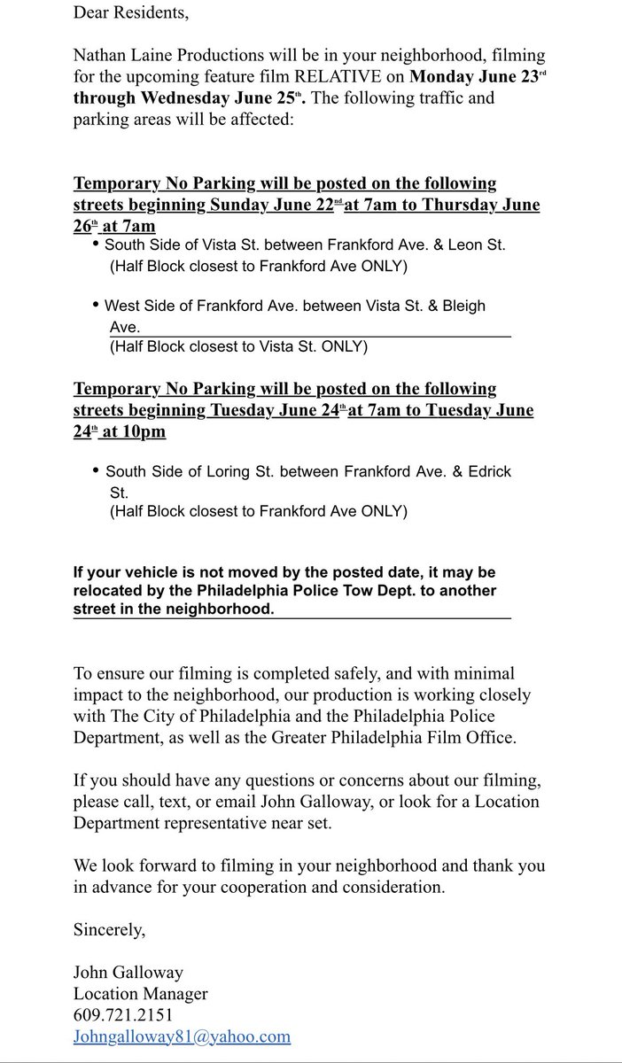 🎬 A film crew will be shooting scenes for RELATIVE in NE Philly June 23–26! Temporary NO PARKING zones start June 22 on Vista, Frankford &amp; Loring. Please check signs &amp; move vehicles to avoid towing. Thanks for your patience &amp; cooperation! #District6 #FilmPhilly