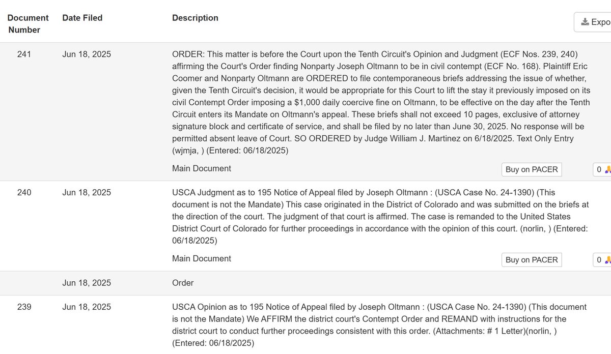 Luke Johnson 🇺🇸 (@orly_licious) on Twitter photo ⚖️ #CoomerVMakeYourLifeEpic: While Joe Oltmann is a non-party to this litigation, the 10th Circuit just AFFIRMED his civil contempt & $1,000/day sanction. Court has ordered briefs by 6/30 on lifting the stay on his fine.
h/t Jimmy Sengenberger <a href="/SengCenter/">Jimmy Sengenberger</a>
6/18/25 Docket entries: ⚖️ #CoomerVMakeYourLifeEpic: While Joe Oltmann is a non-party to this litigation, the 10th Circuit just AFFIRMED his civil contempt & $1,000/day sanction. Court has ordered briefs by 6/30 on lifting the stay on his fine.
h/t Jimmy Sengenberger <a href="/SengCenter/">Jimmy Sengenberger</a>
6/18/25 Docket entries: