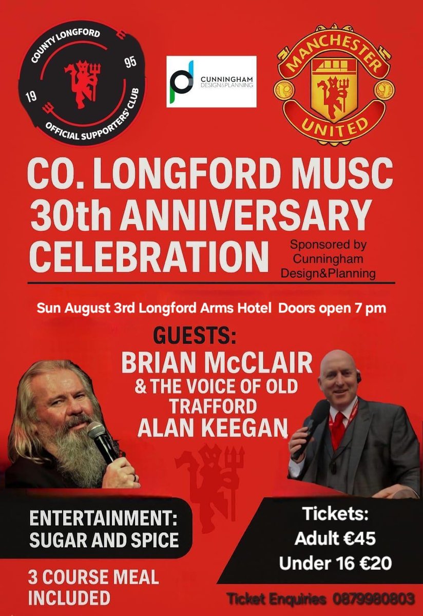 Tickets are selling fast, please contact us to avoid missing out on a great night of celebrations including a 3 course dinner, music and craic with two club legends on our 30th Anniversary .