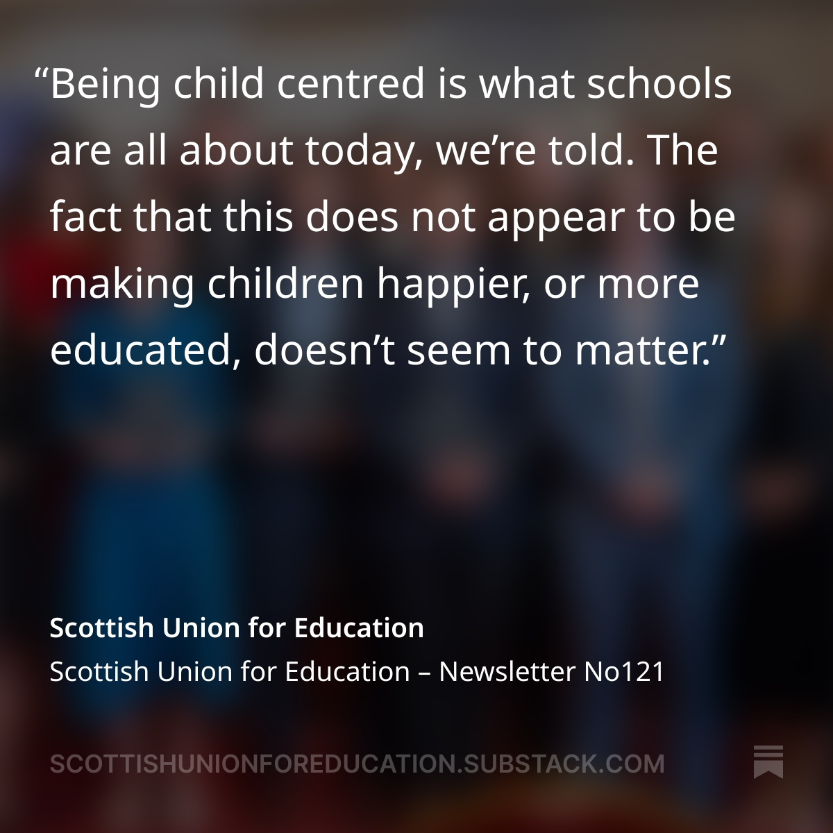 Scottish Union for Education (SUE) (@scotunioned) on Twitter photo It's time to ask some fundamental questions about Scottish education. bit.ly/sue121sw
<a href="/StuartWaiton/">Stuart Waiton</a>
<a href="/SunriseDances/">Kate E. Deeming</a> <a href="/jowilliams293/">Joanna Williams</a> <a href="/ThibaudGibelin/">Thibaud Gibelin</a> <a href="/AlexStandish9/">Alex Standish</a>
#therapyculture #classicaleducation #educationcrisis It's time to ask some fundamental questions about Scottish education. bit.ly/sue121sw
<a href="/StuartWaiton/">Stuart Waiton</a>
<a href="/SunriseDances/">Kate E. Deeming</a> <a href="/jowilliams293/">Joanna Williams</a> <a href="/ThibaudGibelin/">Thibaud Gibelin</a> <a href="/AlexStandish9/">Alex Standish</a>
#therapyculture #classicaleducation #educationcrisis