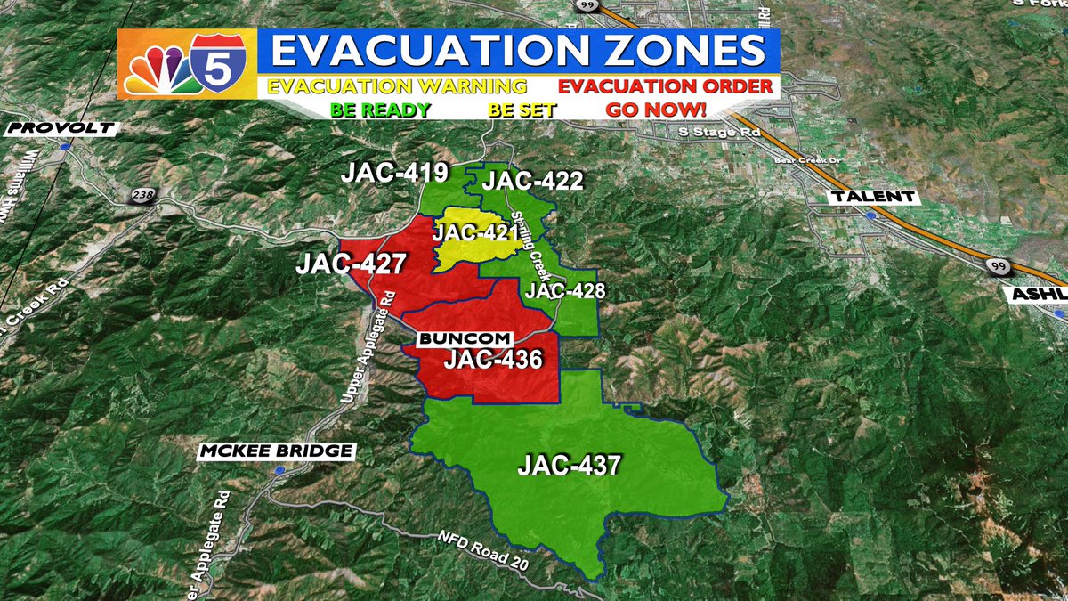 KOBITV's tweet image. As of 3PM Evacuation Zones for the #UpperApplegateFire include:

LEVEL 3 &quot;Go Now&quot; - JAC-427, JAC-436
LEVEL 2 &quot;Be Set&quot; - JAC-421
LEVEL 1 &quot;Be Ready&quot; - JAC-419, JAC-422, JAC-428, JAC-437