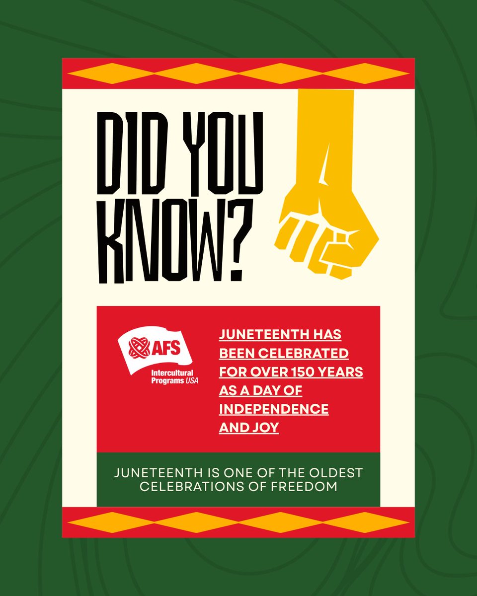 🎉 Happy Juneteenth!

Today marks June 19, 1865 — the day when the last remaining enslaved people in Texas finally learned they were free, two and a half years after the Emancipation Proclamation.

Today is about remembrance and embracing freedoms we share. #Juneteenth #AFS