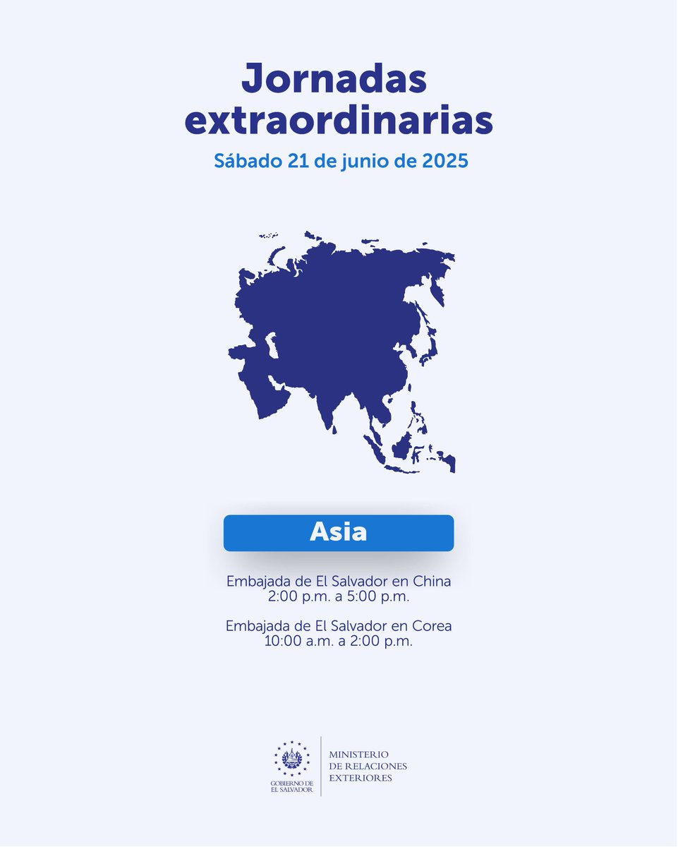 ESAenAsia's tweet image. Nuestras embajadas en China y Corea brindarán atención a los connacionales este fin de semana. ✍️
Conoce los requisitos de cada proceso, comunicándote con nuestro Consulado Virtual desde cualquier parte del mundo:
📲 +503 7070-1071