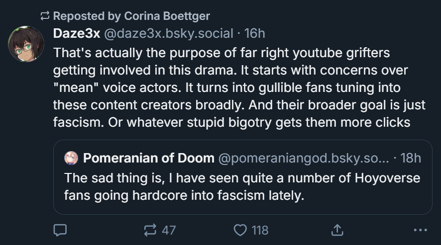 &gt;Bluesky users accuses Hoyo fans and YouTubers who talk about the entitled voice actors and the corruption in that industry of all being far right fascists

&gt;gets reposted by Corina (ex-Paimon VA)

😂😂