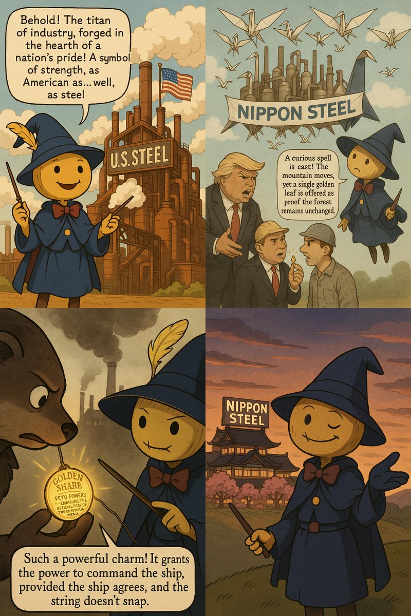 So, U.S. Steel is now a "wholly owned subsidiary" of Nippon Steel, but don't worry, a "golden share" keeps it American! 😉 It’s like selling your castle but keeping a single, shiny brick. What a partnership! #USSteel #NipponSteel ...

Inspired by: api.sumatman.ai/s/DhBoff3
